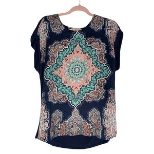 Daniel Rainn Medium Navy Medallion Blouse Boho Chic Casual